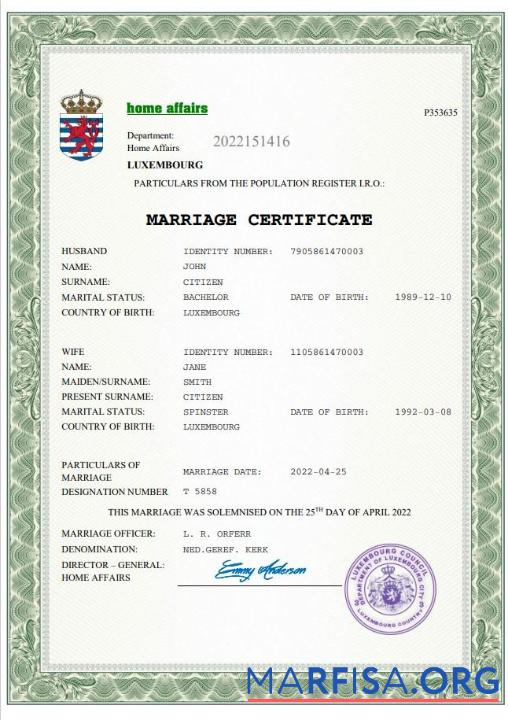 Realistic Luxembourg marriage certificate Word and PDF template
